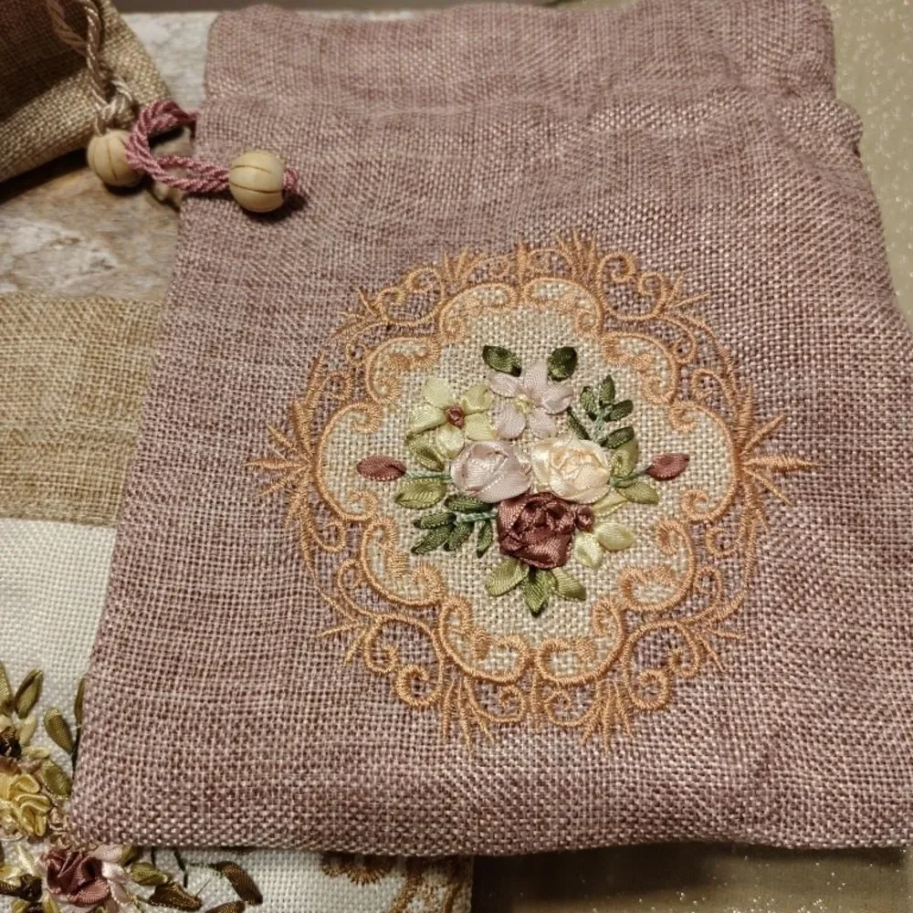 Embroidered Floral Drawstring Bags - Set of 3